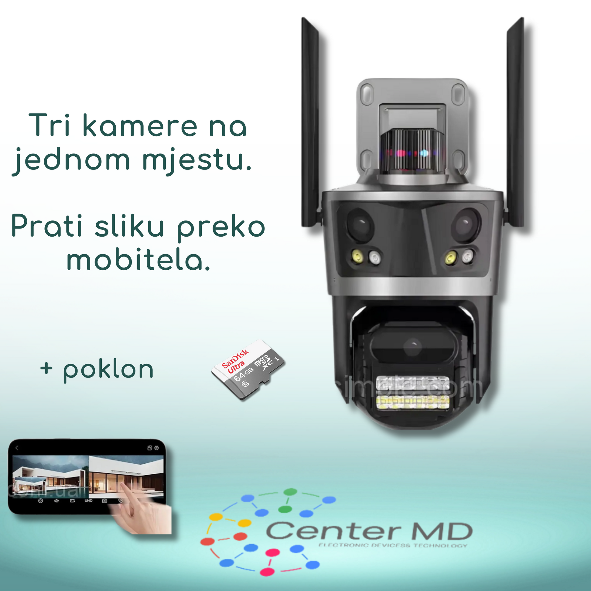 Trostruka Pokretna Vanjska WiFi Kamera +  Micro SD 64 GB GRATIS.